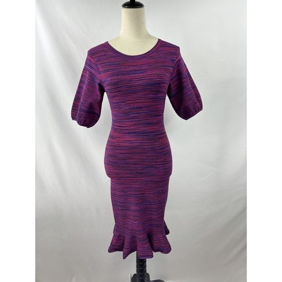 Milly Sweater Knit Dress Purple Pink Small Space Dye Puff Sleeve Ruffle Wiggle - Picture 13 of 13